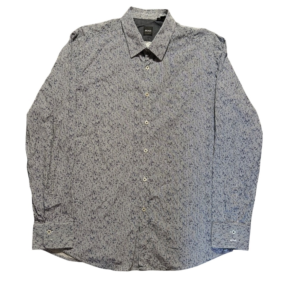 BOSS Hugo Boss Button Down Shirt Mens XL Blue White Stripe Floral Regular Fit
